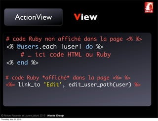 ActionView                                     View

     # code Ruby non affiché dans la page <% %>
     <% @users.each |user| do %>
         # … ici code HTML ou Ruby
     <% end %>

    # code Ruby *affiché* dans la page <%= %>
    <%= link_to 'Edit', edit_user_path(user) %>




© Richard Piacentini et Laurent Julliard 2010 - Nuxos Group
Thursday, May 20, 2010
 