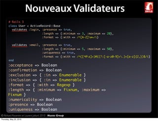 Nouveaux Validateurs
        # Rails 3
        class User < ActiveRecord::Base
          validates :login, :presence => true,
                            :length => {:minimum => 3, :maximum => 20},
                            :format => {:with => /^[A-Z]w+/i}

          validates :email, :presence => true,
                            :length => {:minimum => 5, :maximum => 50},
                            :uniqueness => true,
                            :format => {:with => /^([^@s]+)@((?:[-a-z0-9]+.)+[a-z]{2,})$/i}
        end
       :acceptance => Boolean
       :confirmation => Boolean
       :exclusion => { :in => Enumerable }
       :inclusion => { :in => Enumerable }
       :format => { :with => Regexp }
       :length => { :minimum => Fixnum, :maximum =>
       Fixnum }
       :numericality => Boolean
       :presence => Boolean
       :uniqueness => Boolean
© Richard Piacentini et Laurent Julliard 2010 - Nuxos Group
Thursday, May 20, 2010
 