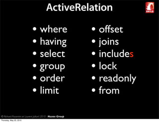 ActiveRelation

                             • where                          • offset
                             • having                         • joins
                             • select                         • includes
                             • group                          • lock
                             • order                          • readonly
                             • limit                          • from
© Richard Piacentini et Laurent Julliard 2010 - Nuxos Group
Thursday, May 20, 2010
 