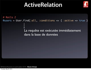 ActiveRelation
    # Rails 2
    @users = User.find(:all, :conditions => { :active => true }



                                      La requête est exécutée immédiatement
                                      dans la base de données




© Richard Piacentini et Laurent Julliard 2010 - Nuxos Group
Thursday, May 20, 2010
 