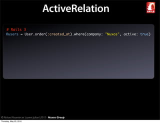 ActiveRelation
     # Rails 3
     @users = User.order(:created_at).where(company: "Nuxos", active: true)




© Richard Piacentini et Laurent Julliard 2010 - Nuxos Group
Thursday, May 20, 2010
 
