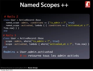 Named Scopes ++
      # Rails 2
     class User < ActiveRecord::Base
       named_scope :admin, :conditions => ["is_admin = ?", true]
       named_scope :activated, lambda { { :conditions => ["activated_at ≤ ?",
     Time.now] } }
     end

    # Rails 3
    class User < ActiveRecord::Base
      scope :admin, where("is_admin = ?", true)
      scope :activated, lambda { where("activated_at ≤ ?", Time.now) }
    end

     @admins = User.admin.activated
               # => retourne tous les admin activés



© Richard Piacentini et Laurent Julliard 2010 - Nuxos Group
Thursday, May 20, 2010
 