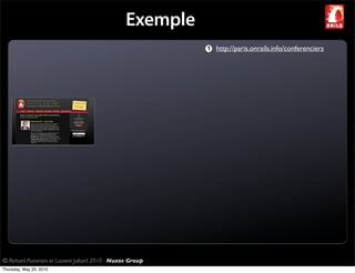 Exemple
                                                              http://paris.onrails.info/conferenciers




© Richard Piacentini et Laurent Julliard 2010 - Nuxos Group
Thursday, May 20, 2010
 