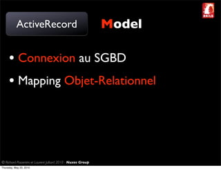 ActiveRecord                                       Model

     • Connexion au SGBD
     • Mapping Objet-Relationnel



© Richard Piacentini et Laurent Julliard 2010 - Nuxos Group
Thursday, May 20, 2010
 