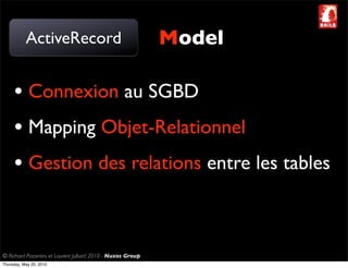 ActiveRecord                                       Model

     • Connexion au SGBD
     • Mapping Objet-Relationnel
     • Gestion des relations entre les tables


© Richard Piacentini et Laurent Julliard 2010 - Nuxos Group
Thursday, May 20, 2010
 