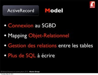 ActiveRecord                                       Model

     • Connexion au SGBD
     • Mapping Objet-Relationnel
     • Gestion des relations entre les tables
     • Plus de SQL à écrire

© Richard Piacentini et Laurent Julliard 2010 - Nuxos Group
Thursday, May 20, 2010
 