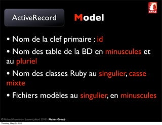 ActiveRecord                                       Model

     • Nom de la clef primaire : id
     • Nom des table de la BD en minuscules et
     au pluriel
     • Nom des classes Ruby au singulier, casse
     mixte
     • Fichiers modèles au singulier, en minuscules

© Richard Piacentini et Laurent Julliard 2010 - Nuxos Group
Thursday, May 20, 2010
 