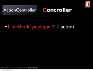 ActionController                                         Controller


       •1 méthode publique = 1 action




© Richard Piacentini et Laurent Julliard 2010 - Nuxos Group
Thursday, May 20, 2010
 