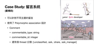 Case Study: 留⾔系統
(重構前)
• 可以針對不同主題的留⾔

• 使⽤了 Polymorphic association 設計

• Comment 

• commentable_type: string

• commentable_id: integer

• 還有個 thread 分類: [:unclassi
fi
ed, :ask, :share, :ask_manager]
 