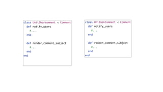 class UnitShareomment < Comment
def notify_users
#...
end
def render_comment_subject
#...
end
end
class UnitAskComment < C...
