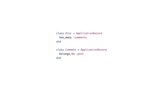 class Post < ApplicationRecord
has_many :comments, :foreign_key => :post_id
end
# and/or
class Comment < ApplicationRecord...