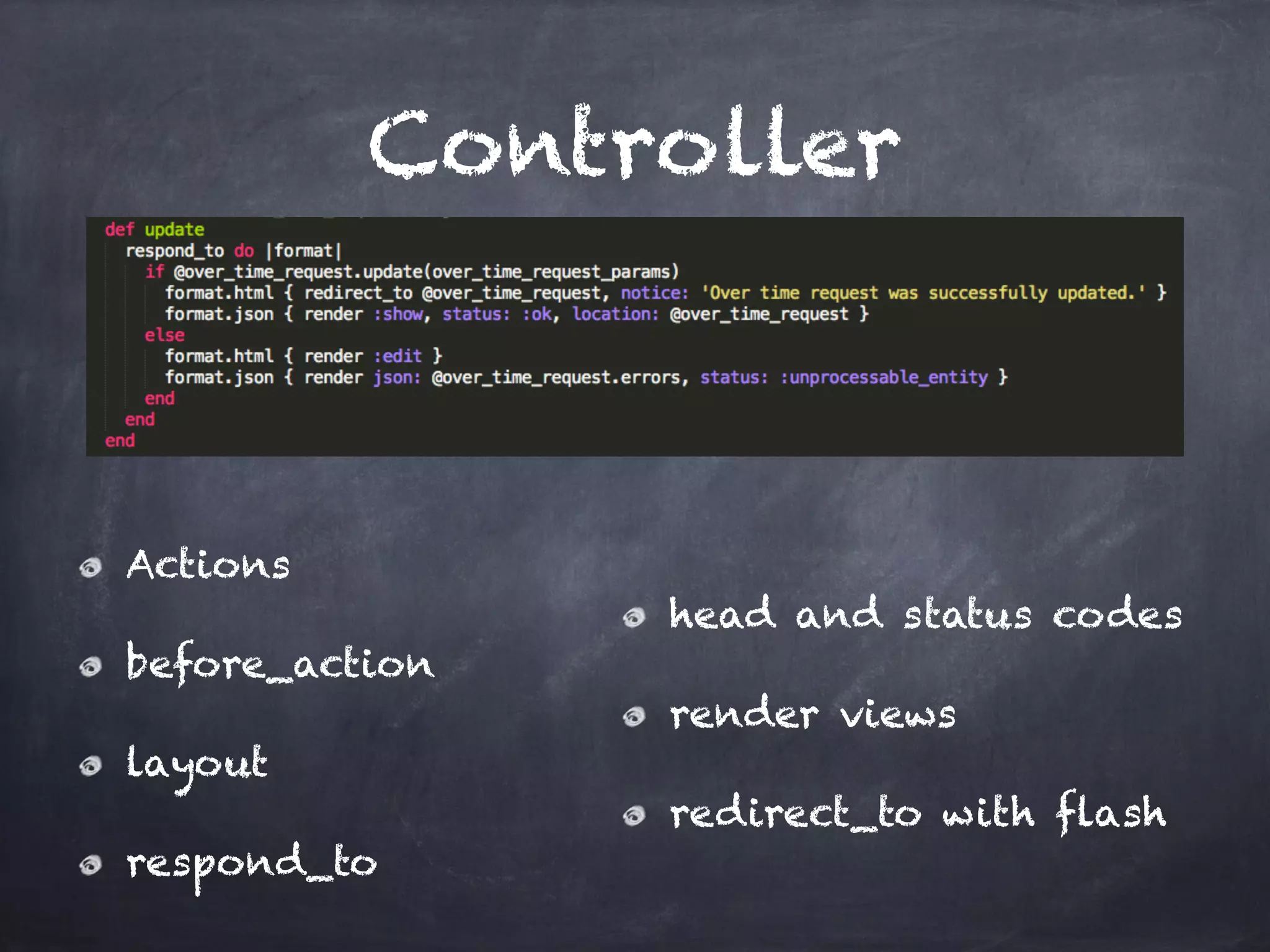 Controller
Actions
before_action
layout
respond_to
head and status codes
render views
redirect_to with flash