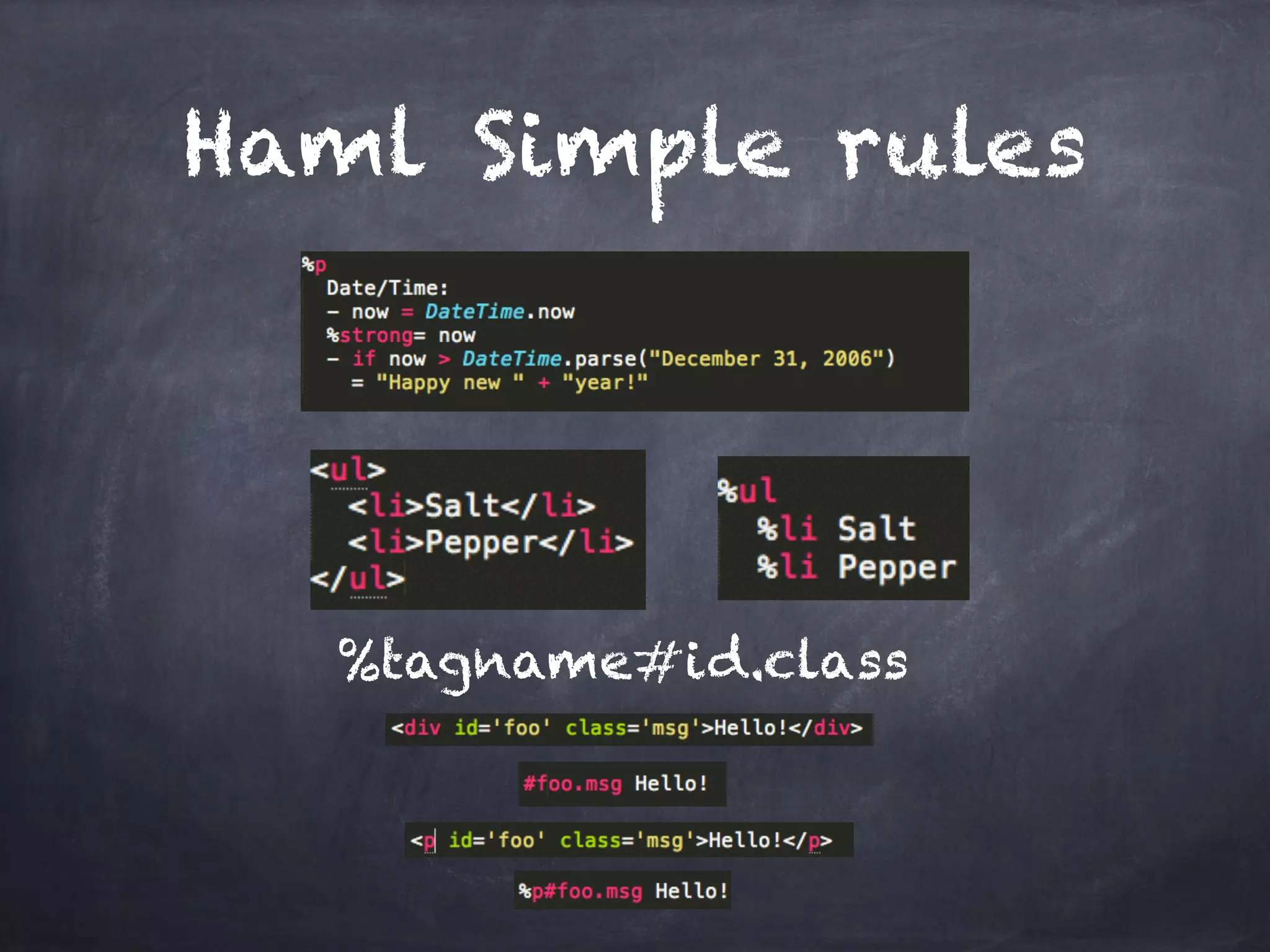 Haml Simple rules
%tagname#id.class
 