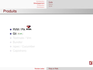 Introduction
                                        Outils
                      Développement
                                        Demo
                          Production
                                        SCM
                          Conclusion


Produits



     RVM / Pik
     Git
     Textmate / Vim
     Bundler
     rspec / Cucumber
     Capistrano




                       Nicolas Ledez    Ruby on Rails
 