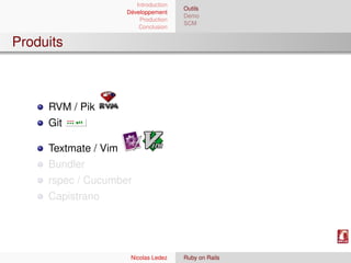 Introduction
                                        Outils
                      Développement
                                        Demo
                          Production
                                        SCM
                          Conclusion


Produits



     RVM / Pik
     Git

     Textmate / Vim
     Bundler
     rspec / Cucumber
     Capistrano




                       Nicolas Ledez    Ruby on Rails
 