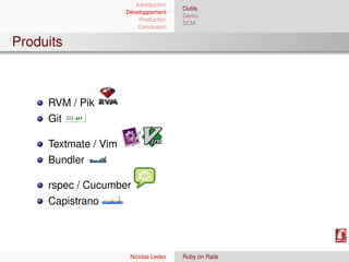 Introduction
                                        Outils
                      Développement
                                        Demo
                          Production
                                        SCM
                          Conclusion


Produits



     RVM / Pik
     Git

     Textmate / Vim
     Bundler

     rspec / Cucumber
     Capistrano




                       Nicolas Ledez    Ruby on Rails
 