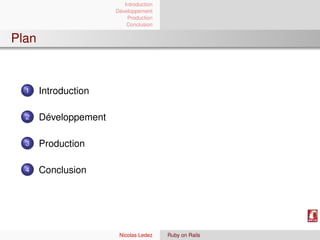 Introduction
                       Développement
                           Production
                           Conclusion


Plan


  1    Introduction

  2    Développement

  3    Production

  4    Conclusion




                        Nicolas Ledez    Ruby on Rails
 