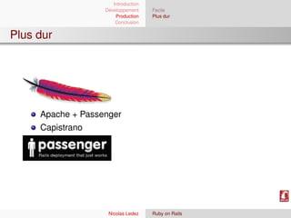 Introduction
                   Développement     Facile
                       Production    Plus dur
                       Conclusion


Plus dur




     Apache + Passenger
     Capistrano




                    Nicolas Ledez    Ruby on Rails
 