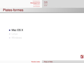 Introduction
                                  Outils
                Développement
                                  Demo
                    Production
                                  SCM
                    Conclusion


Plates-formes




     Mac OS X
     Linux
     Windows




                 Nicolas Ledez    Ruby on Rails
 