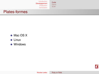 Introduction
                                  Outils
                Développement
                                  Demo
                    Production
                                  SCM
                    Conclusion


Plates-formes




     Mac OS X
     Linux
     Windows




                 Nicolas Ledez    Ruby on Rails
 