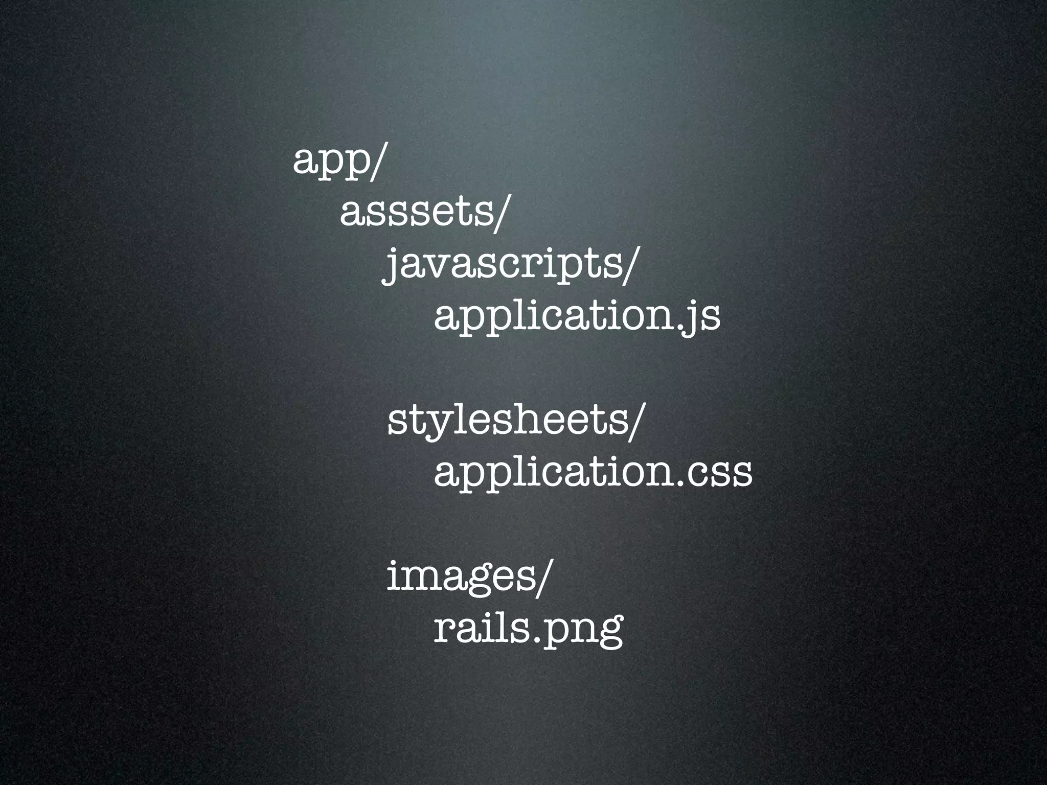 app/ asssets/ javascripts/ application.js stylesheets/ application.css images/ rails.png 