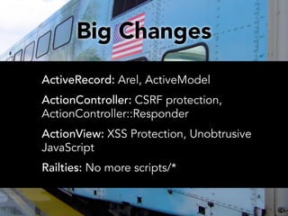 Big Changes
ActiveRecord: Arel, ActiveModel
ActionController: CSRF protection,
ActionController::Responder
ActionView: XSS Protection, Unobtrusive
JavaScript
Railties: No more scripts/*
 