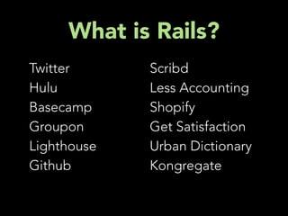What is Rails?
Twitter      Scribd
Hulu         Less Accounting
Basecamp     Shopify
Groupon      Get Satisfaction
Lighthouse   Urban Dictionary
Github       Kongregate
 