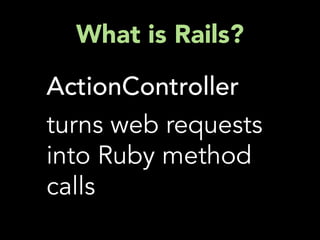 What is Rails?

ActionController
turns web requests
into Ruby method
calls
 