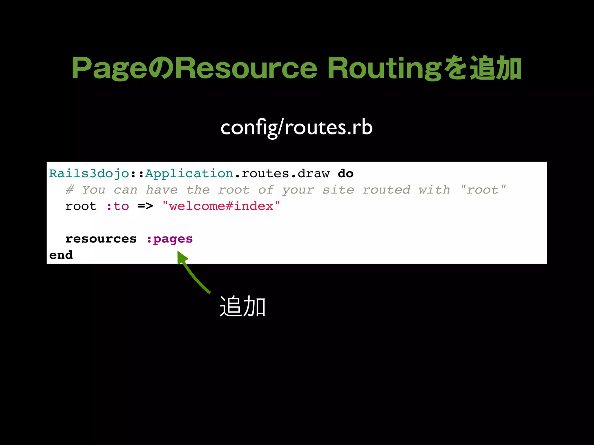 conﬁg/routes.rb
Rails3dojo::Application.routes.draw do
  # You can have the root of your site routed with "root"
  root :to => "welcome#index"
  
  resources :pages
end
 