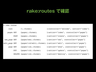 % rake routes

     root          /(.:format)               {:controller=>"welcome", :action=>"index"}

    pages GET      /pages(.:format)          {:action=>"index", :controller=>"pages"}

            POST   /pages(.:format)          {:action=>"create", :controller=>"pages"}

 new_page GET      /pages/new(.:format)      {:action=>"new", :controller=>"pages"}

edit_page GET      /pages/:id/edit(.:format) {:action=>"edit", :controller=>"pages"}

     page GET      /pages/:id(.:format)      {:action=>"show", :controller=>"pages"}

            PUT    /pages/:id(.:format)      {:action=>"update", :controller=>"pages"}

            DELETE /pages/:id(.:format)      {:action=>"destroy", :controller=>"pages"}
 