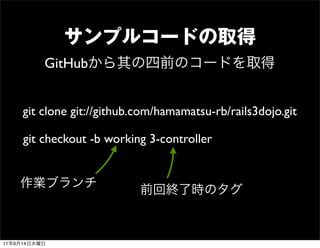 GitHub


         git clone git://github.com/hamamatsu-rb/rails3dojo.git

         git checkout -b working 3-controller




11   9   14
 
