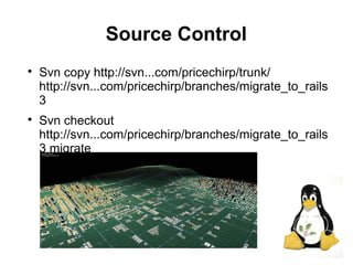 7
Source Control

Svn copy http://svn...com/pricechirp/trunk/
http://svn...com/pricechirp/branches/migrate_to_rails
3

Svn checkout
http://svn...com/pricechirp/branches/migrate_to_rails
3 migrate
 