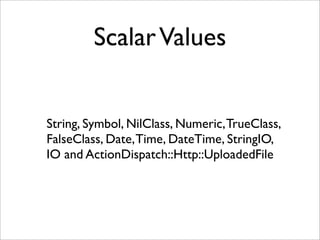 Scalar Values


String, Symbol, NilClass, Numeric, TrueClass,
FalseClass, Date, Time, DateTime, StringIO,
IO and ActionDispatch::Http::UploadedFile
 