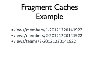 Fragment Caches
        Example
•views/members/1-­‐20121220141922
•views/members/2-­‐20121220141922
•views/teams/2-­‐20121220141922
 