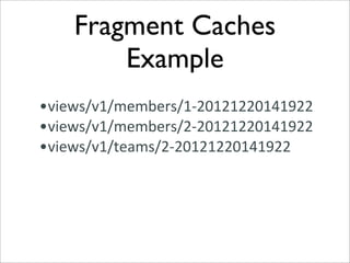 Fragment Caches
        Example
•views/v1/members/1-­‐20121220141922
•views/v1/members/2-­‐20121220141922
•views/v1/teams/2-­‐20121220141922
 