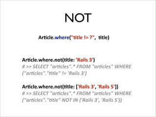 NOT
         Ar-cle.where("-tle	
  !=	
  ?",	
  	
  -tle)



Ar-cle.where.not(-tle:	
  'Rails	
  3')
#	
  >>	
  SELECT	
  "ar,cles".*	
  FROM	
  "ar,cles"	
  WHERE	
  
("ar,cles".",tle"	
  !=	
  'Rails	
  3')

Ar-cle.where.not(-tle:	
  ['Rails	
  3',	
  'Rails	
  5'])
#	
  >>	
  SELECT	
  "ar,cles".*	
  FROM	
  "ar,cles"	
  WHERE	
  
("ar,cles".",tle"	
  NOT	
  IN	
  ('Rails	
  3',	
  'Rails	
  5'))
 
