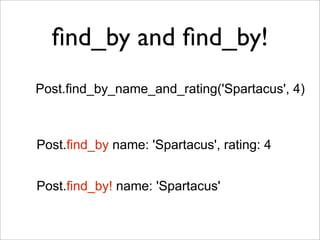 ﬁnd_by and ﬁnd_by!
Post.find_by_name_and_rating('Spartacus', 4)



Post.find_by name: 'Spartacus', rating: 4


Post.find_by! name: 'Spartacus'
 