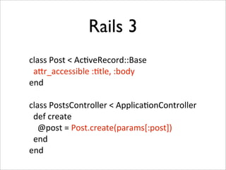 Rails 3
class	
  Post	
  <	
  Ac+veRecord::Base
	
  	
  a3r_accessible	
  :+tle,	
  :body
end

class	
  PostsController	
  <	
  Applica+onController
	
  	
  def	
  create
	
  	
  	
  	
  @post	
  =	
  Post.create(params[:post])
	
  	
  end
end
 
