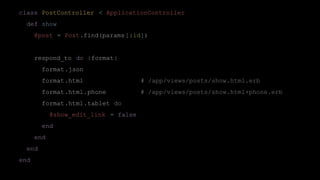 class PostController < ApplicationController
def show
@post = Post.find(params[:id])
respond_to do |format|
format.json
format.html # /app/views/posts/show.html.erb
format.html.phone # /app/views/posts/show.html+phone.erb
format.html.tablet do
@show_edit_link = false
end
end
end
end
 
