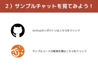 ２）サンプルチャットを見てみよう！
GitHubのリポジトリはこちらをクリック
サンプルコードの開発手順はこちらをクリック
 
