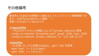 俼
ĤˤQiitaӛͨMȥȥ쥹ե`˭hBǤ
ޤ(GenTamura84˸x
Τ£ΤߤǤ
Vagrantfile
()ۥȤ餷ӾAʤΤprivate_networkˉ
?config.vm.network "forwarded_port", guest: 3000, host: 3000
?config.vm.network "private_network", ip: "192.168.33.10"
GemFile
rc1ʹΤӛ¤(beta1)gem "rails"
?gem 'rails', '~> 5.0.0.beta1'
?gem 'rails', '~> 5.0.0.rc1'
 