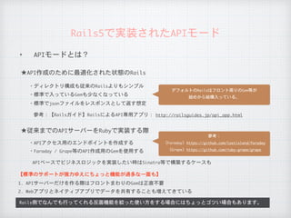 ✦ APIモードとは？
Rails5で実装されたAPIモード
参考：【Railsガイド】RailsによるAPI専用アプリ：
2.	Webアプリとネイティブアプリでデータを共有することも増えてきている
Rails側でなんでも行ってくれる反面機能を絞った使い方をする場合にはちょっとゴツい場合もあります。
★API作成のために最適化された状態のRails
・ディレクトリ構成も従来のRailsよりもシンプル
・標準で入っているGemも少なくなっている
★従来までのAPIサーバーをRubyで実装する際
APIベースでビジネスロジックを実装したい時はSinatra等で構築するケースも
・APIアクセス用のエンドポイントを作成する
・Faraday	/	Grape等のAPI作成用のGemを使用する
【標準のサポートが強力ゆえにちょっと機能が過多な一面も】
・標準でjsonファイルをレスポンスとして返す想定
http://railsguides.jp/api_app.html
デフォルトのRailsはフロント周りのGem等が

始めから結構入っている。
1.	APIサーバーだけを作る際はフロントまわりのGemは正直不要
参考：

（Faraday）https://github.com/lostisland/faraday

（Grape）https://github.com/ruby-grape/grape

 