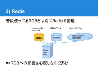 3) Redis
普段使ってるRDBとは別にRedisで管理
           conversion数/         普段のデータ   パターン/完了flag
           session数

                                            Session/cookie
               Redis             RDBMS      (設定次第)




                       Server
                       (app/
                       web)



=>RDBへの影響を心配しなくて済む
 
