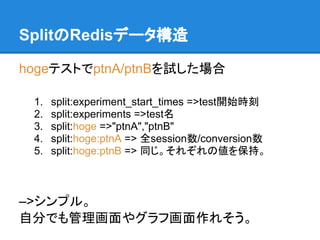 SplitのRedisデータ構造

hogeテストでptnA/ptnBを試した場合

 1.   split:experiment_start_times =>test開始時刻
 2.   split:experiments =>test名
 3.   split:hoge =>"ptnA","ptnB"
 4.   split:hoge:ptnA => 全session数/conversion数
 5.   split:hoge:ptnB => 同じ。それぞれの値を保持。



–>シンプル。
自分でも管理画面やグラフ画面作れそう。
 