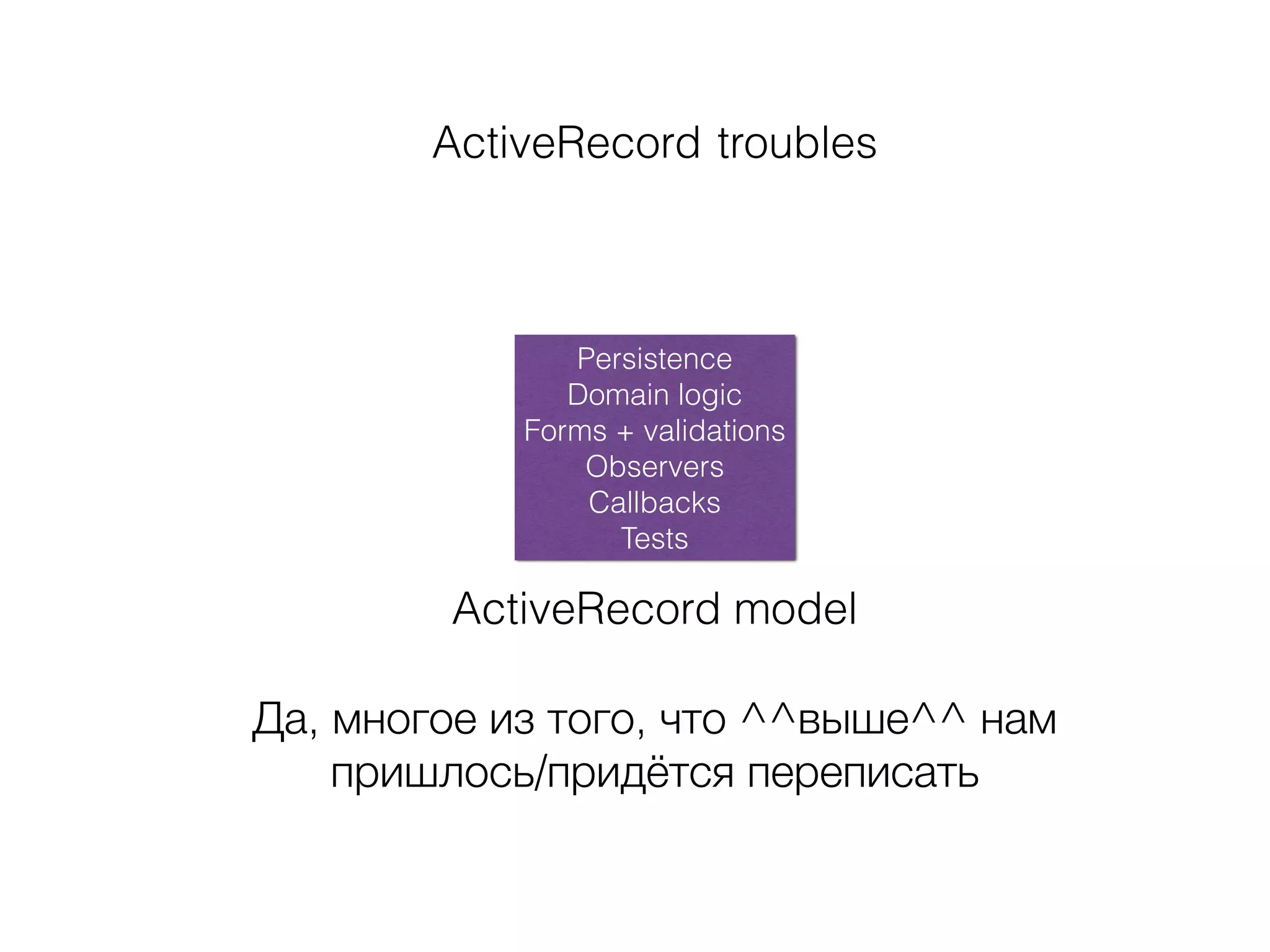 ActiveRecord troubles
Persistence
Domain logic
Forms + validations
Observers
Callbacks
Tests
ActiveRecord model
Да, многое из того, что ^^выше^^ нам
пришлось/придётся переписать
 