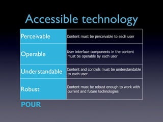 Accessible technology
Perceivable      Content must be perceivable to each user



                 User interface components in the content
Operable         must be operable by each user


                 Content and controls must be understandable
Understandable   to each user


                 Content must be robust enough to work with
Robust           current and future technologies


POUR
 