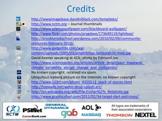 Credits
http://wwwimagebase.davidniblack.com/templates/
http://www.nctm.org – Journal thumbnails
http://www.sciencewallpaper.com/blackboard‐wallpaper/
http://www.flickr.com/photos/pragdave/173649119/lightbox/
http://brooklynlabschool.wordpress.com/2010/02/09/community‐
resources‐february‐2010/
http://www.gadgetlite.com/wp‐
content/uploads/2009/03/amphibious‐lamborghini‐mod.jpg
David Keener speaking at AOL; photo by Edmund Joe
http://www.sciencepoles.org/articles/article_detail/paul_mayewski_
climate_variability_abrupt_change_and_civilization/
No known copyright; received via spam
Ubiquitous iceberg picture on the Internet; no known copyright
http://www.123rf.com/photo_4155512_stack‐of‐stones.html
http://topwalls.net/water‐drop‐splash‐art/
http://en.wikipedia.org/wiki/File:Escher%27s_Relativity.jpg
http://www.graphicsfuel.com/2011/02/3d‐target‐dart‐psd‐icons/

                                              All logos are trademarks of
                                              their associated corporations
 