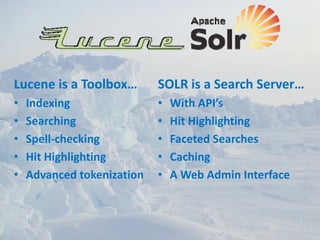 Lucene is a Toolbox…        SOLR is a Search Server…
•   Indexing                •   With API’s
•   Searching               •   Hit Highlighting
•   Spell‐checking          •   Faceted Searches
•   Hit Highlighting        •   Caching
•   Advanced tokenization   •   A Web Admin Interface
 