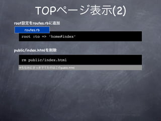 TOPページ表示(2)
root設定をroutes.rbに追加
    routes.rb
   root :to => ‘home#index’


public/index.htmlを削除

   rm public/index.html

  ※ちなみにさっきでてたのはこのpublic.html
 