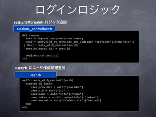 ログインロジック
sessions#createにロジック追加
 sessions_controller.rb
    def create
      auth = request.env[“omniauth.auth”]
      user = User.find_by_provider_and_uid(auth[“provider”],auth[“uid”])
    || User.create_with_omniauth(auth)
      session[:user_id] = user.id

      redirect_to root_url
    end


user.rb にユーザ作成処理追加
         user.rb
    self.create_with_omniauth(auth)
      create! do |user|
          user.provider = auth[“provider”]
          user.uid = auth[“uid”]
          user.name = auth[“info”][“name”]
          user.token = auth[“credentials”][“token”]
          user.secret = auth[“credentials”][“secret”]
      end
    end
 